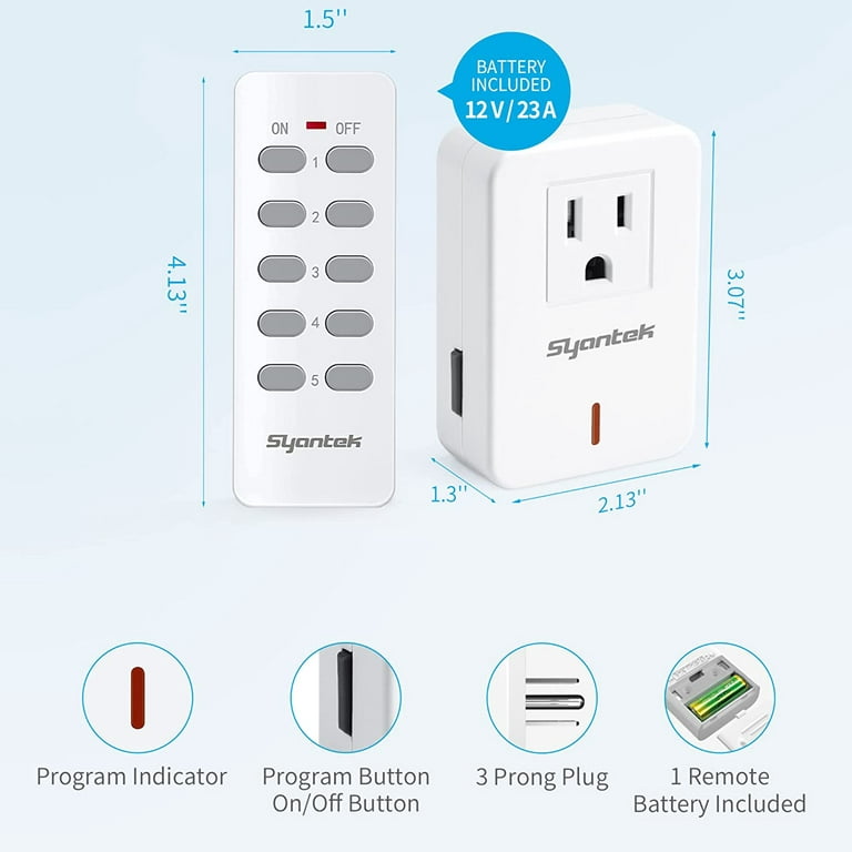 Syantek Remote Control Outlet Wireless Light Switch for Household  Appliances, Expandable Remote Light Switch Kit, Up to 100 ft Range, FCC  Certified, ETL Listed, White (5 Outlets + 2 Remotes) 