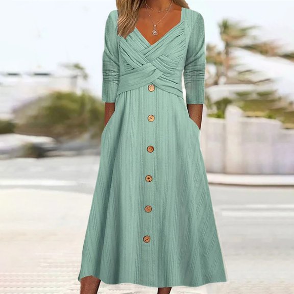 Women Fashion Solid Long Sleeve V Neck Button Casual Dress Long Dress Midi Summer Dress Dress Wrap Beach Dresses for Women Long Maxi Daytime Dresses for Women Casual Dresses Women Summer Women Long