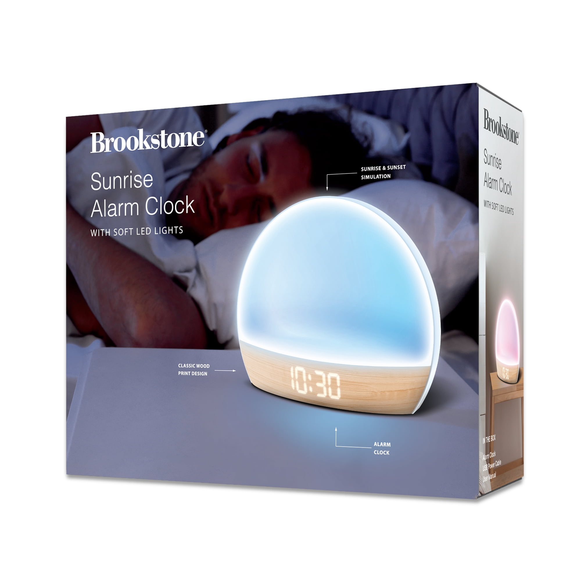 Brookstone Sunrise Alarm Clock with Soft LED Light, RGB Color Night Light, Sunrise & Sunset Simulation, Time/Date and Indoor Temperature Display, Touch Controls, USB Powered