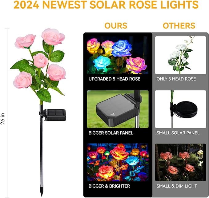 KOMI Solar Garden Lights Outdoor, 4 Pack Solar Lights Outdoor with 20 Rose Flowers, Waterproof 7 Color Changing Solar Powered Flowers Lights for Outside Patio Yard Pathway