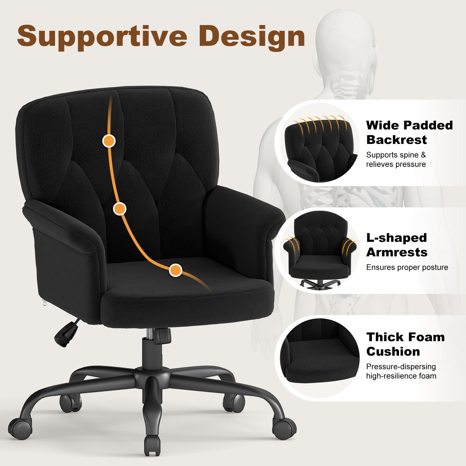 Home Office Chair Mid-Back Upholstered Tufted Computer Task Chair Height Adjustable Swivel Accent Chair Black
