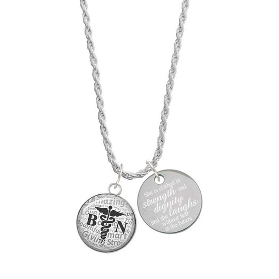 Delight Jewelry Silvertone Domed Black BN She is Clothed in Stength and Dignity Charm Necklace, 20" 3"