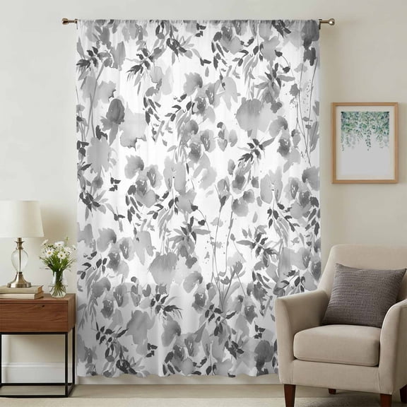 Gray Spring Floral Sheer Curtains 108" Extra Long, Watercolor Blooming Botanical Summer Light Filering Curtains, Privacy Drapes Simi Floor to Veiling Curtain for Living Room Bedroom Window Treatment