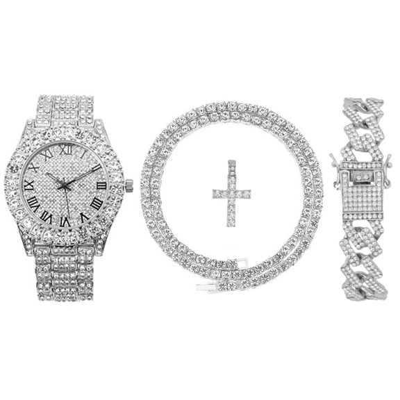 Charles Raymond Luxury Mens Iced Out Tennis Cross Necklace w/Diamond Quartz Wristwatch - Be Lit & Choose The Matching Blinged Out Cuban ZZ Bracelet Set - ST10327RN SLV Blue #R 3pc Set (24")