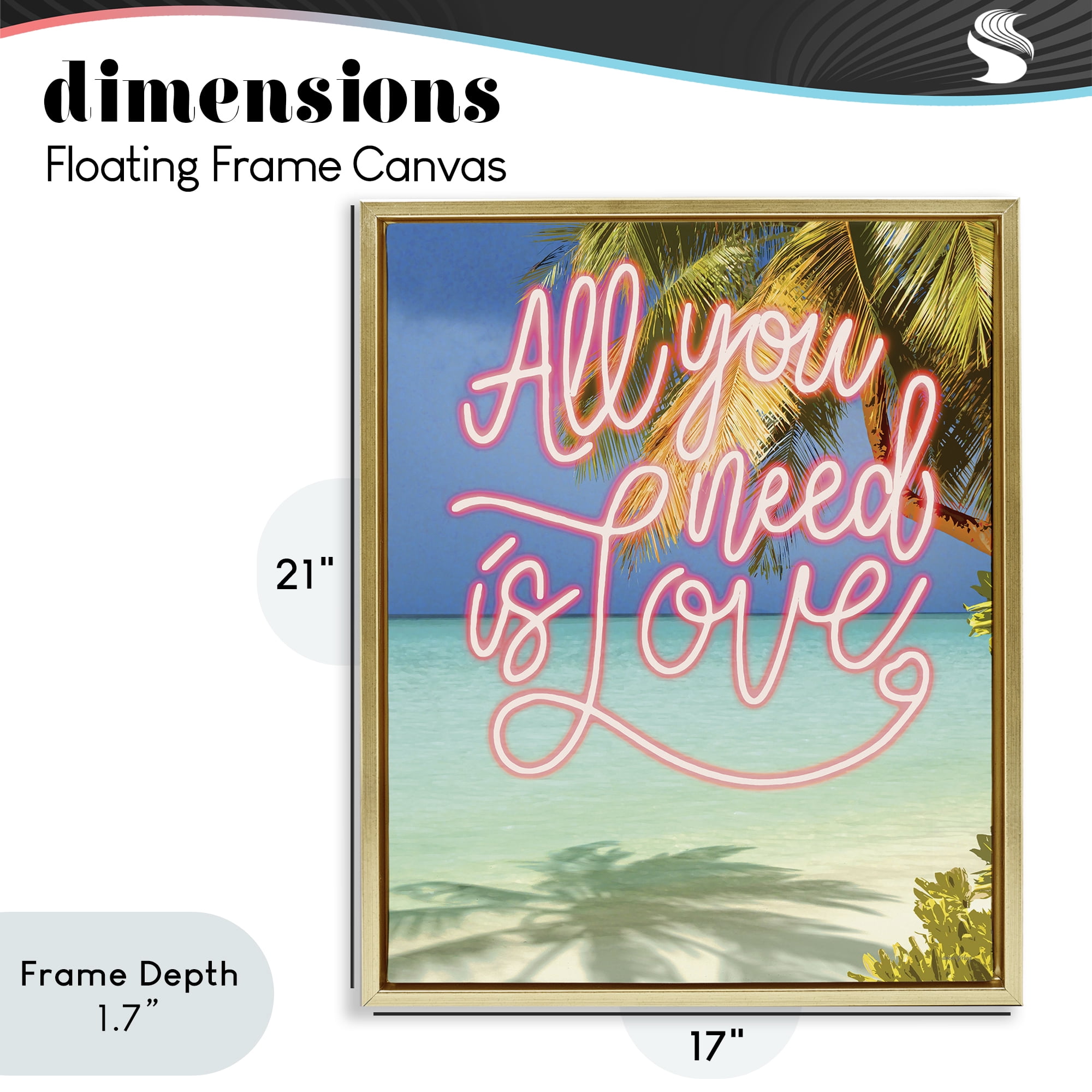 Stupell Industries Tropical All You Need Is Love Gold Framed Floater Canvas Wall Art, design by Amber Sterling