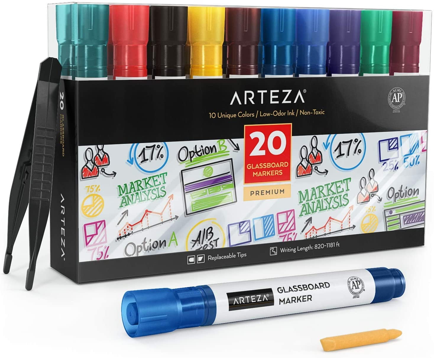 Arteza Washable Glass Board Markers Set, Assorted Classic Colors, Non-Toxic - 20 Pack