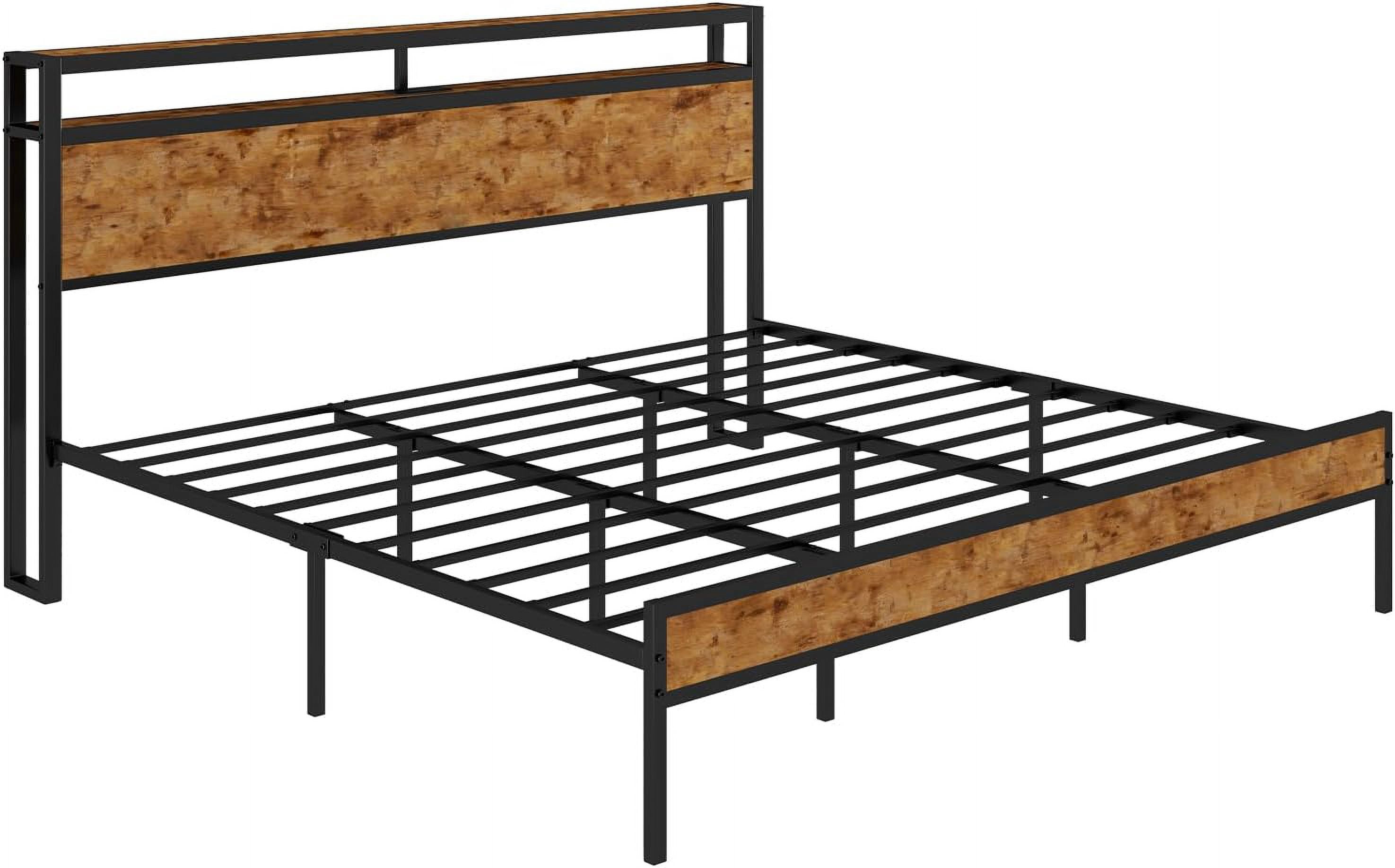 Merluxy King Size Bed Frame Industrial Platform Bed with Charging Station, 2-Tier Storage Headboard/ No Box Spring Needed/ Noise-Free/ Dark Brown