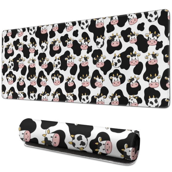 Long Mouse Pads for Desk,White Cow Black Spot Face Pattern Desk Mats on Top Of Desks, Desk Mouse Pad Extra Large with 3mm Non-Slip Base and Stitched Edge for Gaming,Office,Work,Home 31.5"x11.8"