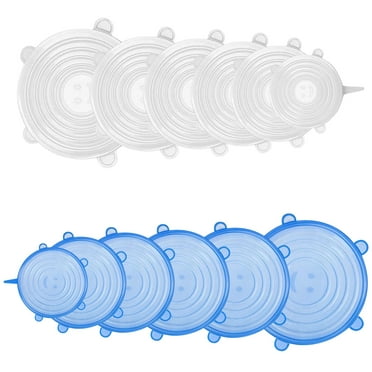 12 Pack Silicone Stretch Lids, Reusable Food Container Cover Seal with 6 Different Size, Round Storage Covers for Bowls, Mugs, Jars, Pots, Cans (Blue Clear)