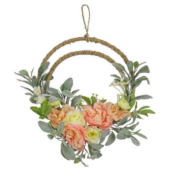 National Tree Company 18 inch Artificial Spring Double Hoop Wreath with Peony, Rose, and Lamb's Ear Flower Blooms, Realistic Floral Decoration for Front Door or Indoor Décor