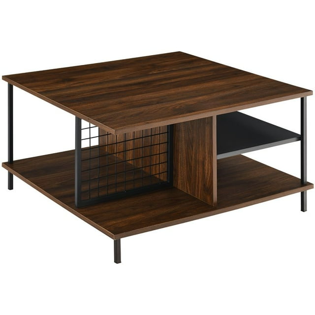 Zane 30" Contemporary Metal and Wood Square Coffee Table in Dark Walnut