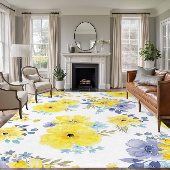 Yellow Watercolor Floral Area Rug 8x10 Washable Rug Non Slip Spring Flower Abstract Art Large Area Rug Soft Stainresistant Indoor Floor Carpet for Living Room Bedroom Home Office Dining Room Nursery