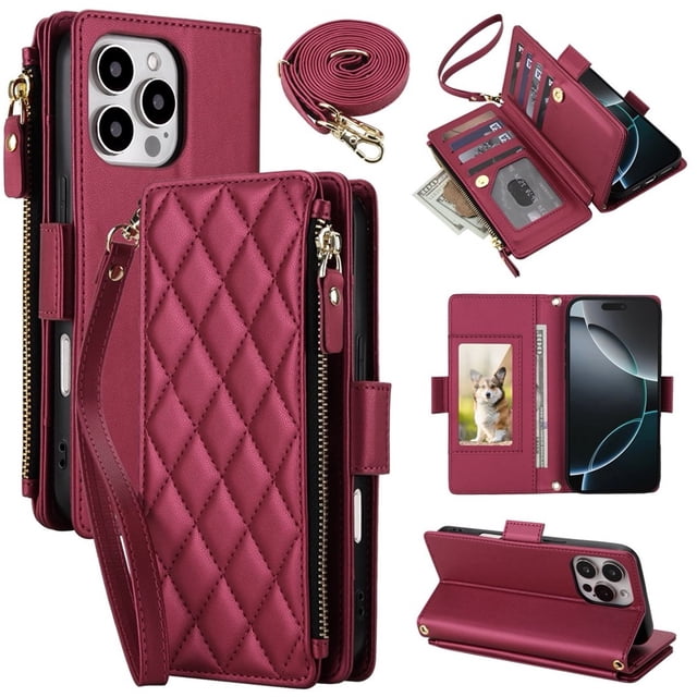 For iPhone 13 Pro Max RFID Blocking Wallet Case, Crossbody Purse Phone Case with 9 Card Slots, Zipper Pocket & Detachable Strap,Red,For iPhone 13 Pro Max