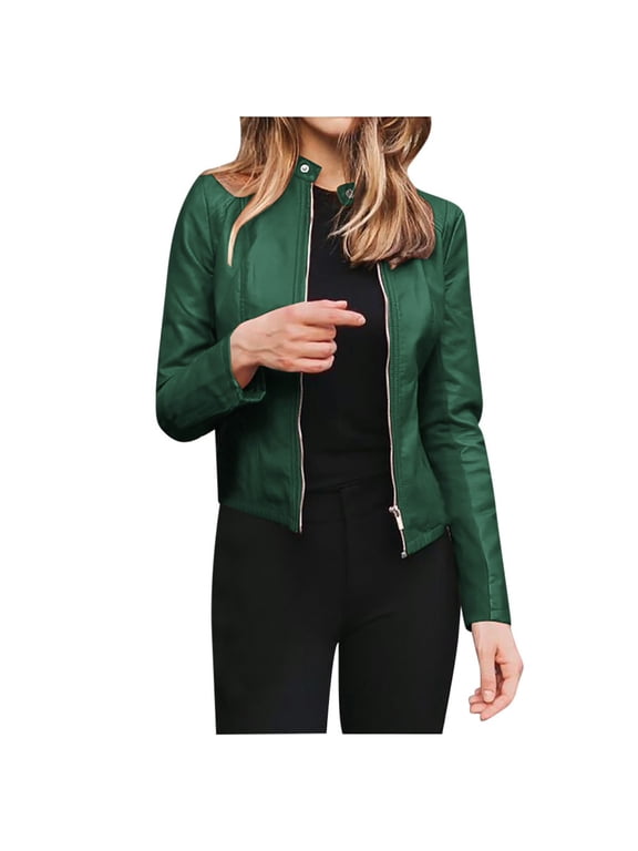 Women Faux Leather Ladies Lapel Motor Jacket Coat Zip Biker Punk Cropped Tops, Green, 3XL