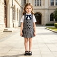 thumbnail image 5 of WAYUTE Girls 3 Piece School Uniform Outfit Sleeveless Button Front Vest and Pleated Skirt with Bow Tie Kids Formal Clothing Set Casual Daily Wear,Grey,Size 9-10 Y, 5 of 5