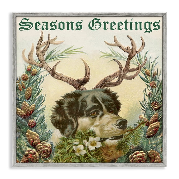 Stupell Industries Traditional Seasons Greetings Dog Wearing Antlers Botanical Border Gray Framed Giclee Art, 17 x 17, by Alicia Longley