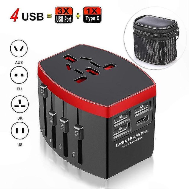 Global Travel Adapter with 4-in-1 USB Ports, Compact and Durable Design for International Use, Black