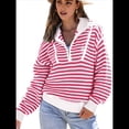 thumbnail image 3 of Suéter de Punto Acanalado de Larga con Media Cremallera A Rayas para Mujer, Tops Casuales, Cómodos y Ligeros, Moda de Otoño Rosa L, 3 of 8