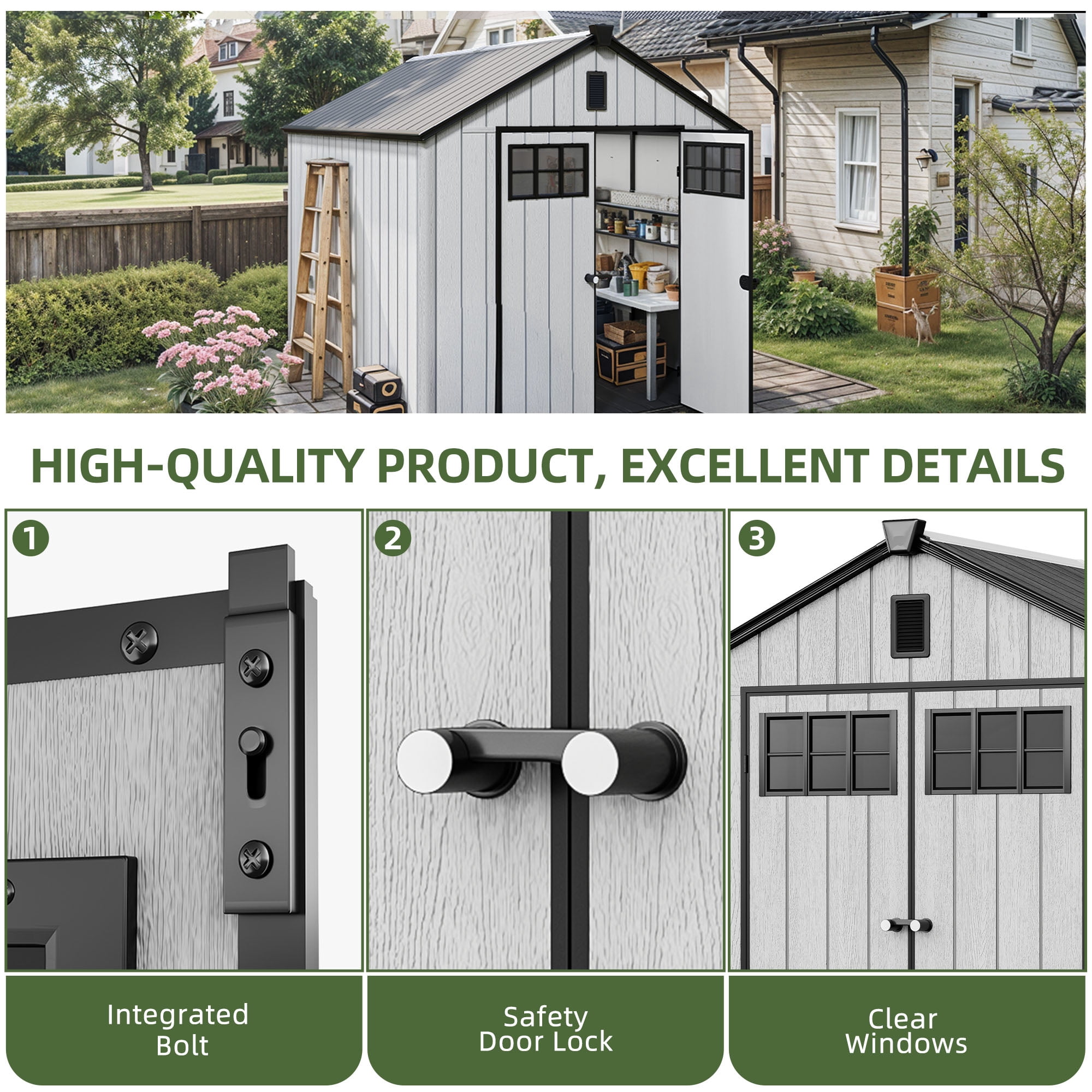 Uforic 8x10 FT Outdoor Storage Shed with Floor, Plastic Garden Shed for Bikes, Tools, and Pool Supplies, Outdoor Resin Shed with Lockable Doors, Windows, and Vents for Patio, Lawn, Backyard, Gray