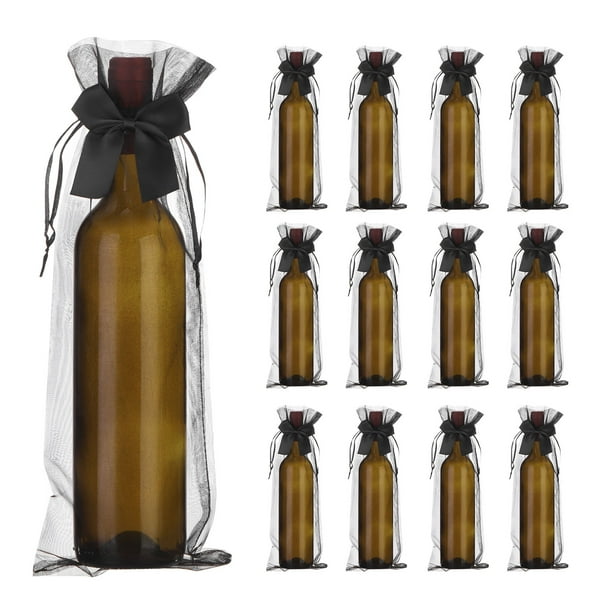 Uxcell 30pcs Bolsas de Vino de Organza, 15x5.5" Bolsitas de Regalo de Malla con Lazo para Bodas y Cumpleaños, Negro