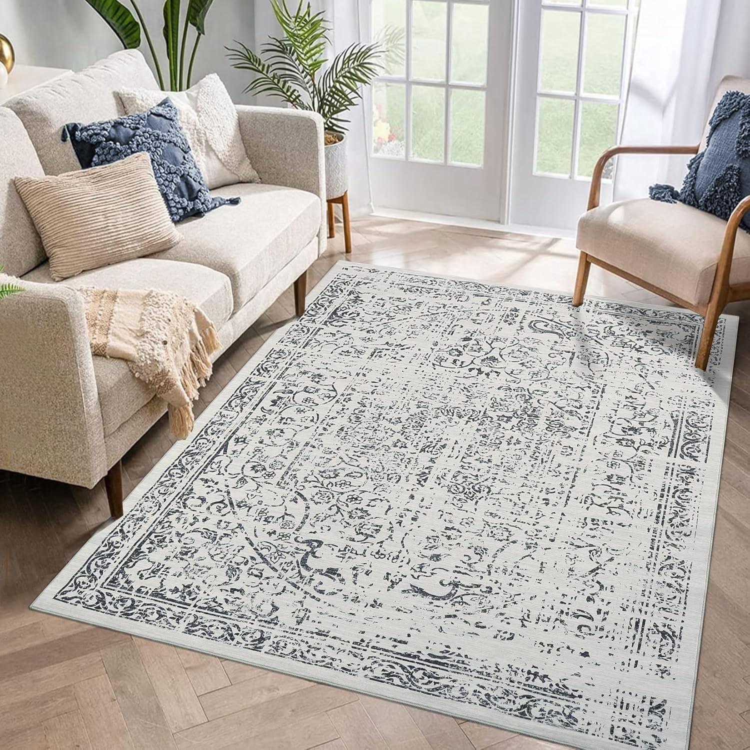 Area Rug 8x10 Washable Rug Grey Vintage Rug Traditional Floor Cover Thin Rug Retro Indoor Distressed Non Slip Carpet Floral Print Mat Dining Room