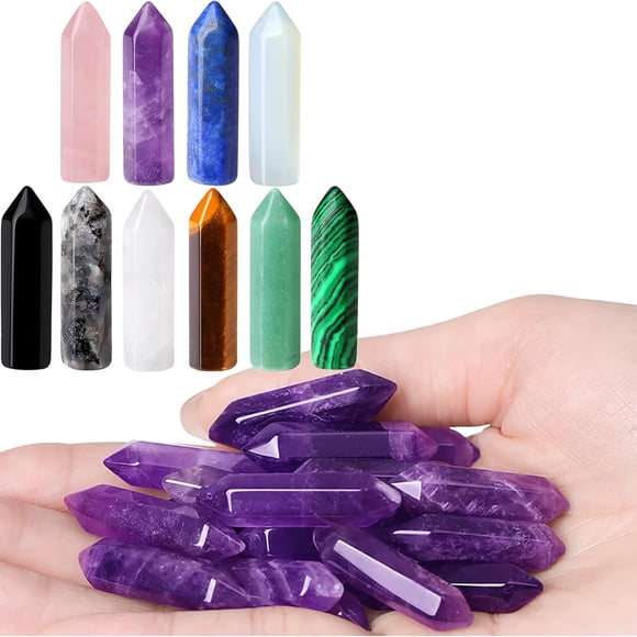 10 PCS Healing Crystals Wands Mini Crystal and 10 PCS Amethyst Crystals Set Wands Polished Healing Crystal Stones Bulk Natural Hexagonal Pointed Reiki Energy Balancing Meditation Therapy Wand