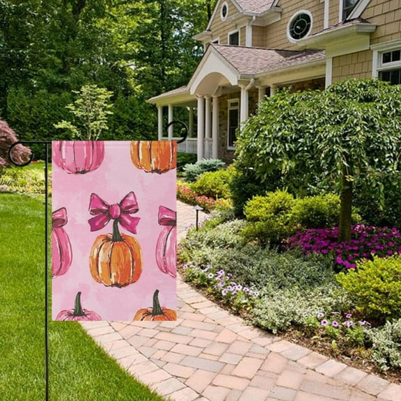 Pink Pumpkins and Bows Garden Flag Double Sided 12 x 18 Inch Outside Yard Decoration Outdoor Flag