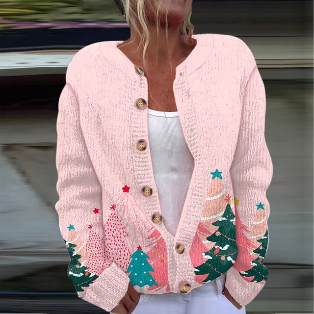 Jsaierl Womens Ugly Christmas Sweaters Cute Xmas Graphic Cardigans Open Front Button Down Sweater Fall Winter Knitted Coats