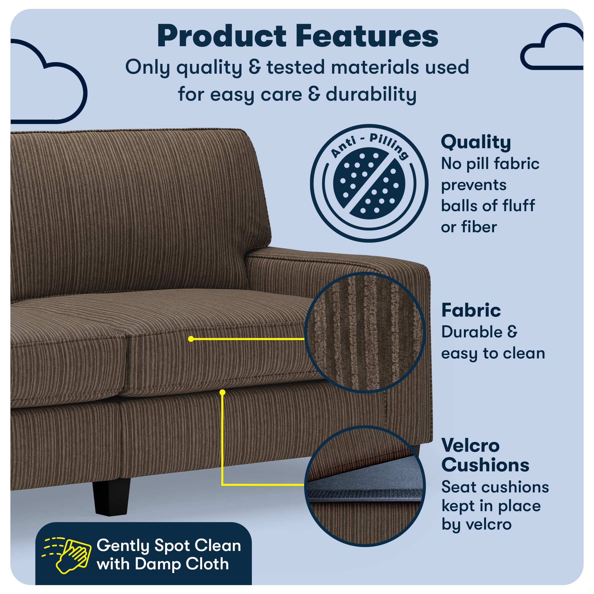 Serta Palisades 78" Track Arm Sofa, Easy Care Polyester, Loveseat or Couch for Small Spaces, Brown