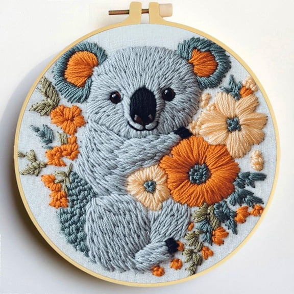 Punch Needle Kits Koala and Flowers Embroidery Starter Set with Hoop Easy for Beginners DIY Stress Relief Handmade Craft Hobby and Home Decor 20x20cm