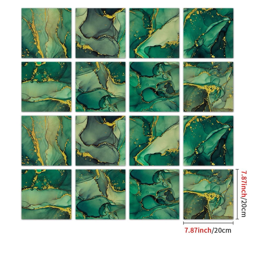 16-Sheets Tile Stickers Backsplash 8" x 8" Green Gold Marbling Wall Decals DIY Decor Peel and Stick Waterproof PVC Tile for Kitchen Bathroom