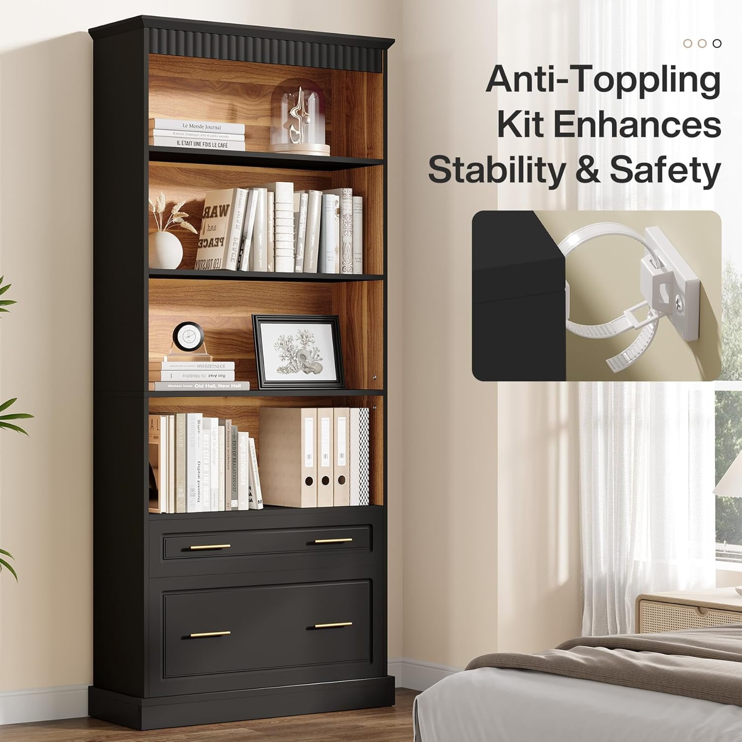 Tribesigns 5-Shelf Bookcase with File Cabinet Drawer, Modern Storage Shelf for Living Room, Black