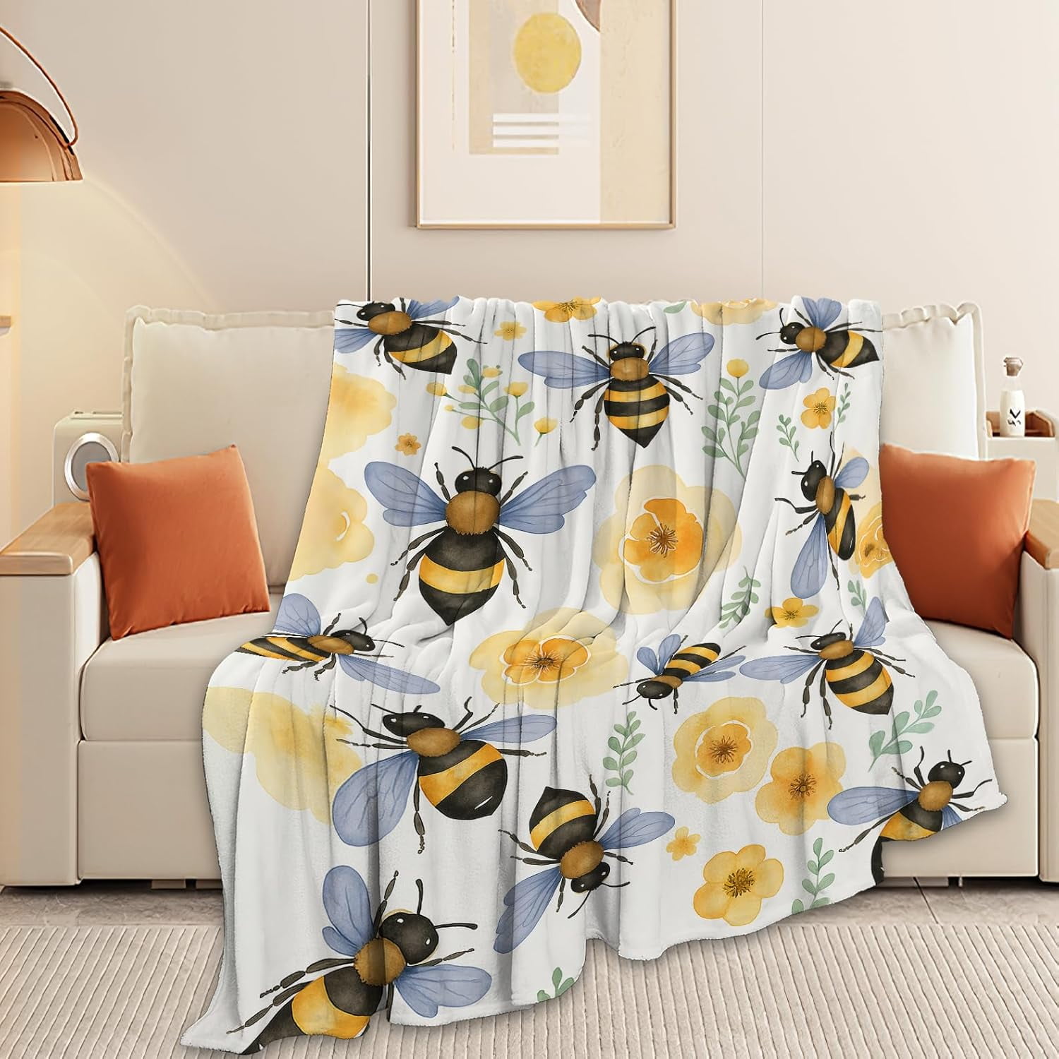 Bee Blanket Super Soft Warm Fluffy Fleece Flannel Flower Insect Blanket Cozy Fuzzy Plush Stuff Floral Bedding Blankets Gifts for Women Users men Women Adults 50"X40"