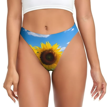 Qokaie Sky Golden Sunflower Field B Printed Women s Cotton Thong Underwear  Sexy Breathable Panties G-string-4X-Large