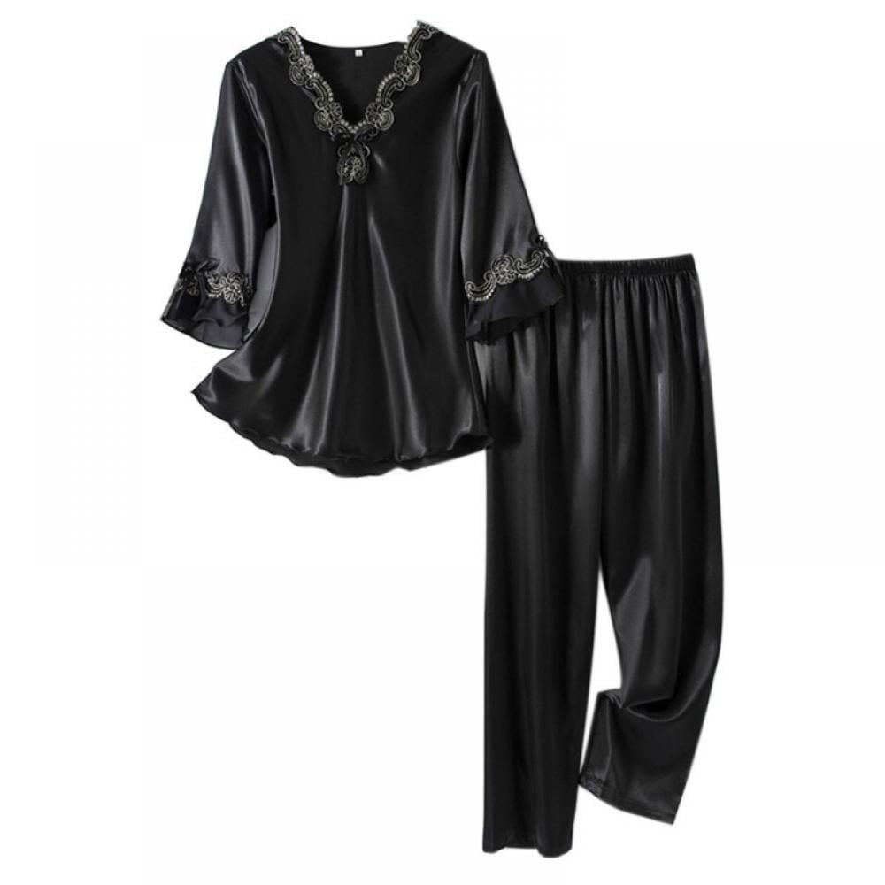 Womens Silk Satin Pajamas 3/4 Sleeve Loungewear Two-piece Sleepwear Pj ...