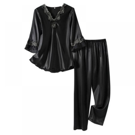 

Miyanuby Women s Lace Neck 3/4 Sleeve Silk Pajama Set Short Sleeve 2 Piece Sleepwear Black M