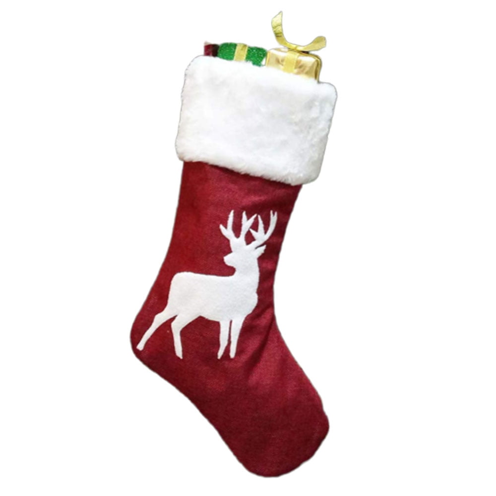 Reindeer Printed Christmas Stocking, Red Burlap Plush Faux Fur Cuff