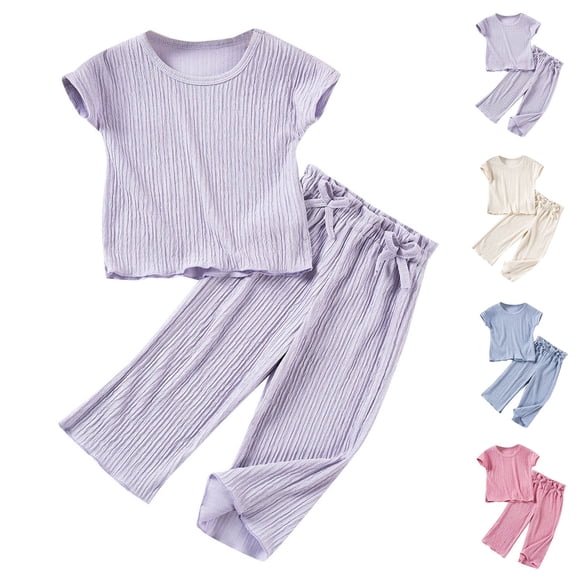 Eltusu Girls Outfit Sets, Short Sleeve Elastic Waistband Crew Neck T-Shirts with Pants Sets Purple Size 6 T