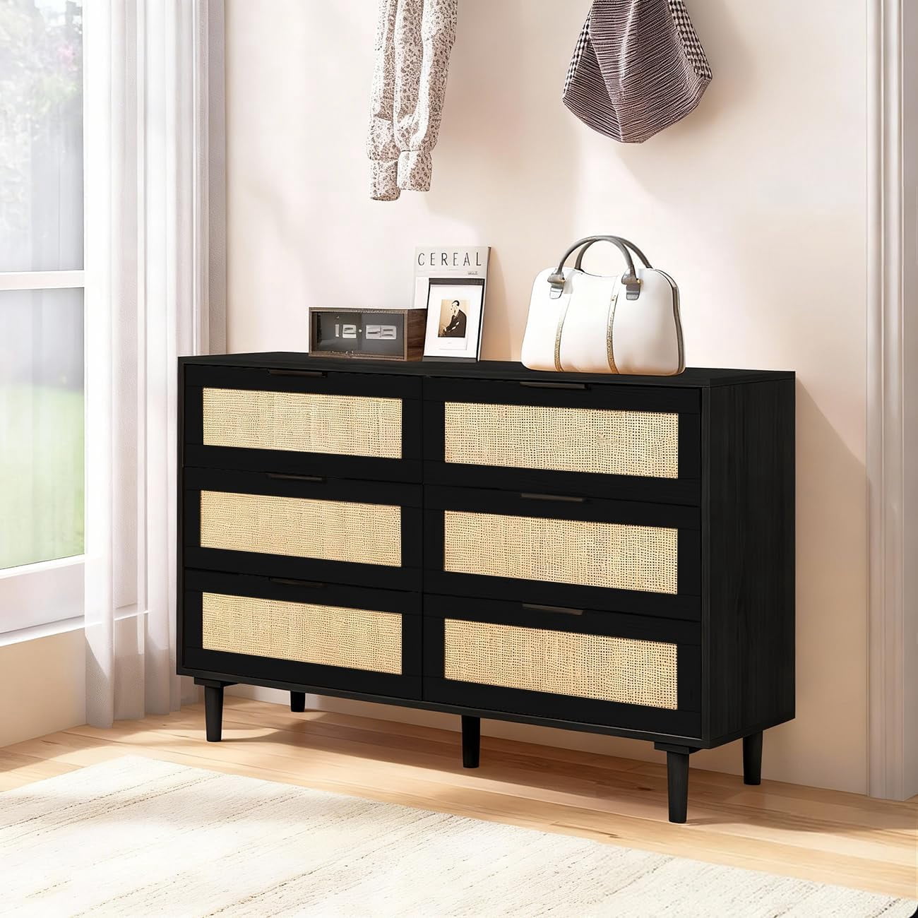 LAZZO 6-Drawer Rattan Dresser, Modern Chest of Drawers, Wooden Storage Organizer for Bedroom, Living Room & Hallway, Black