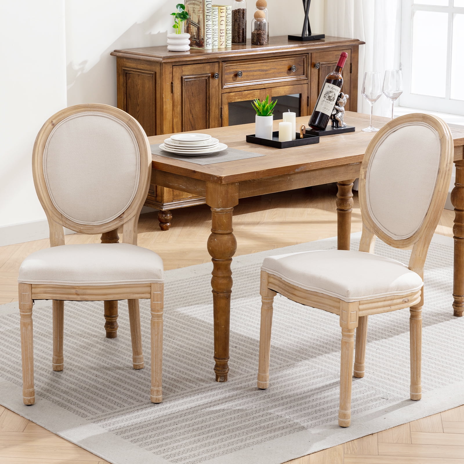 French Country Dining Chairs Set of 6, Cream Kitchen & Dining Room Chairs Set of 6, Ivory Linen Upholstered Dining Chairs, Wood Legs, Sillas De Comedor (Fabric, Beige, 6Pcs)