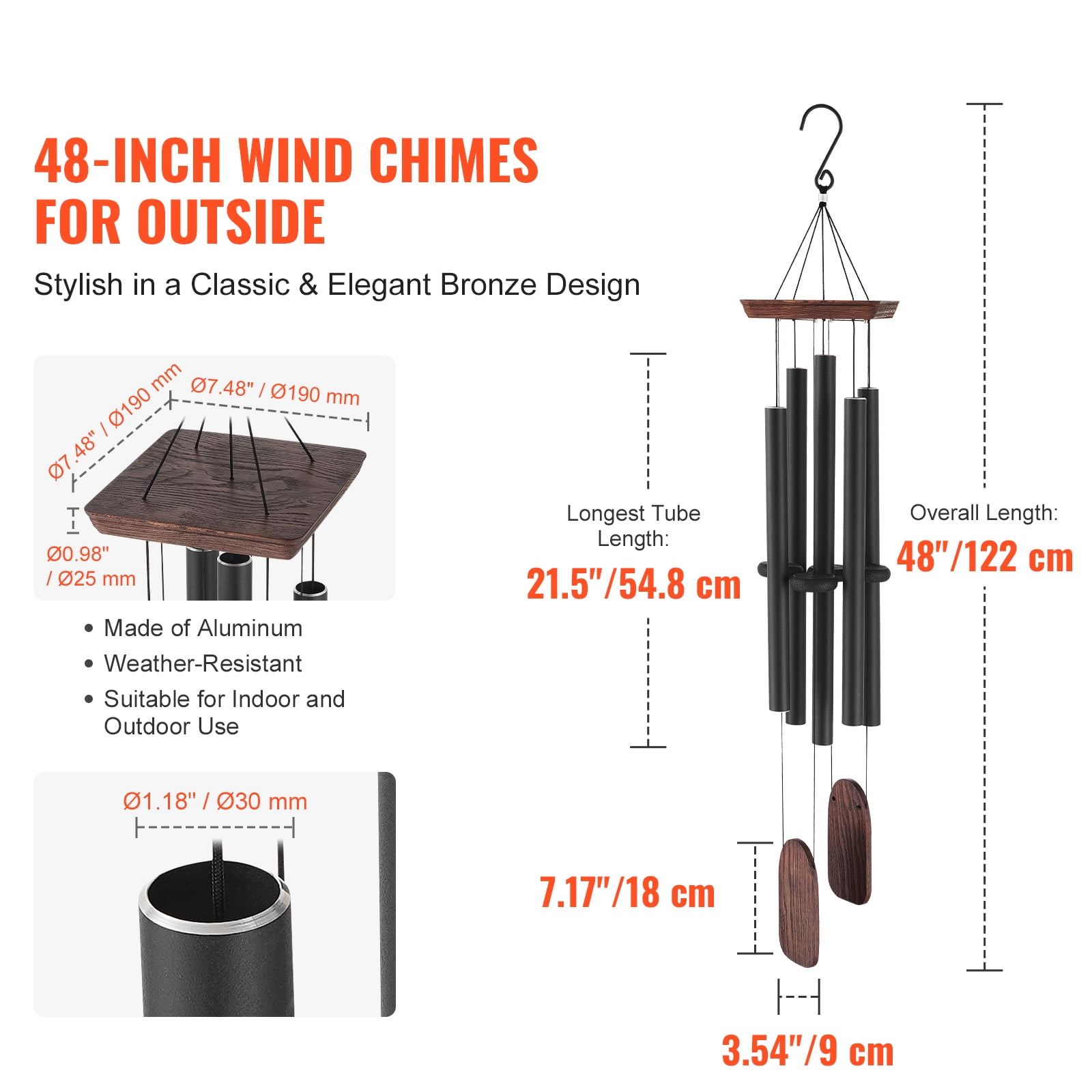 KFFKFF Outdoor Wind Chimes, 1220 mm, Richly Toned Wind Chimes with 5 Tubes, Distinctive Large Commemorative Wind Chimes for Celebrations, Remarkable Exterior Adornment, Black