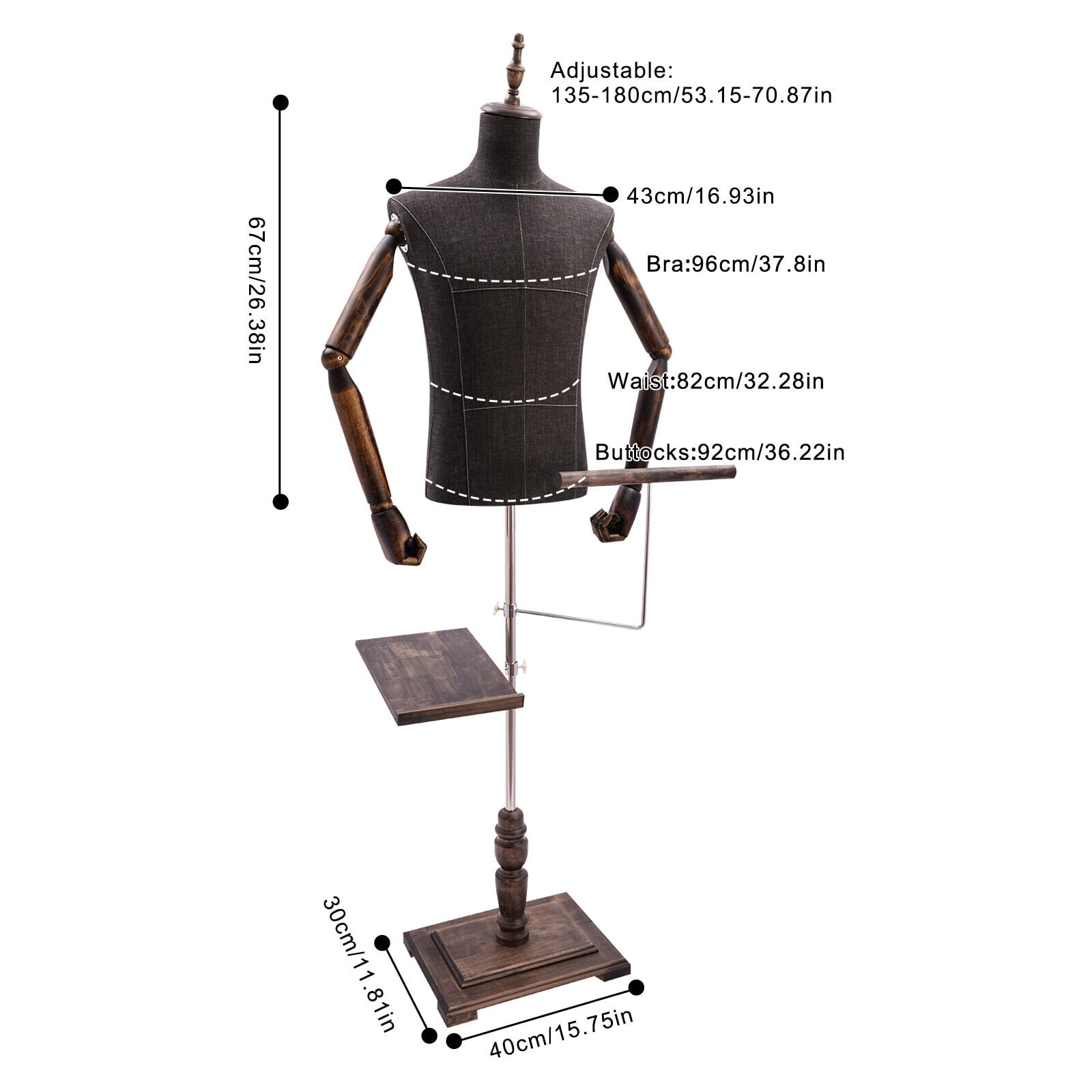 Retail Clothing Form, 47-78 in Height Adjustable Dress Mannequin with Display Stand,  Flexible Arms, Mannequin Torso Manikin Dress Form, Sewing Dress Adult Male Model Mannequin, Black