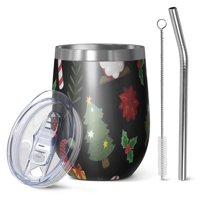 12oz Stemless Wine Tumblers Black Christmas Gnome and Gift Pattern Vacuum Insulated Stainless Steel Travel Tumbler Cups Mug with Lid and Straw for Champaign,Cocktail,Beer with Cleaning Brush