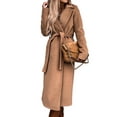 thumbnail image 2 of Women'S Notched Lapel Long Sleeves Slim Mid-Long Wool Blend Outerwear Casual Fall Winter Coats with Belt Khaki XL, 2 of 8