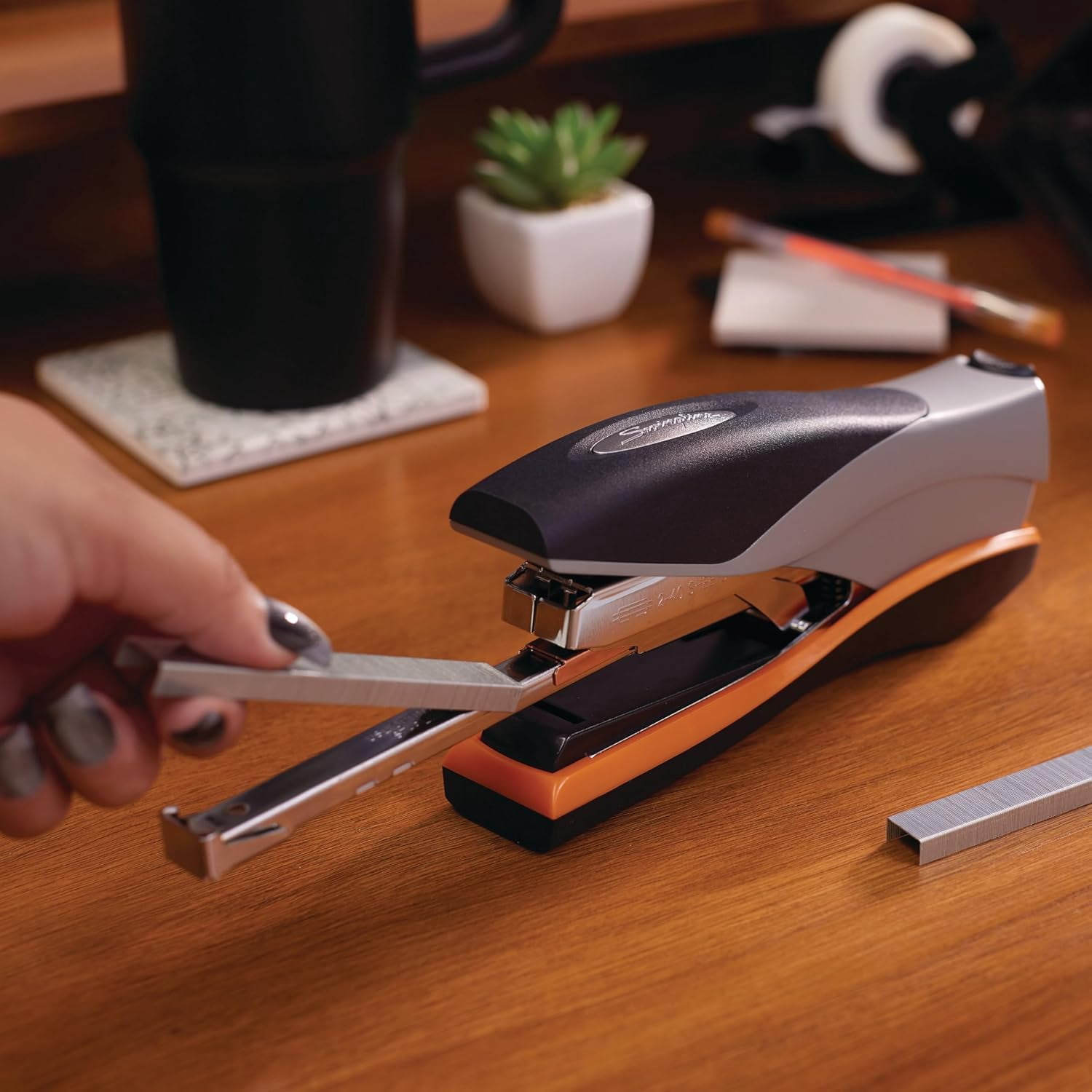 Stapler, 40 Sheet Capacity, Optima 40, Jam Free, Reduced Effort, Soft Grip, Metal, Orange and Gray (87845)