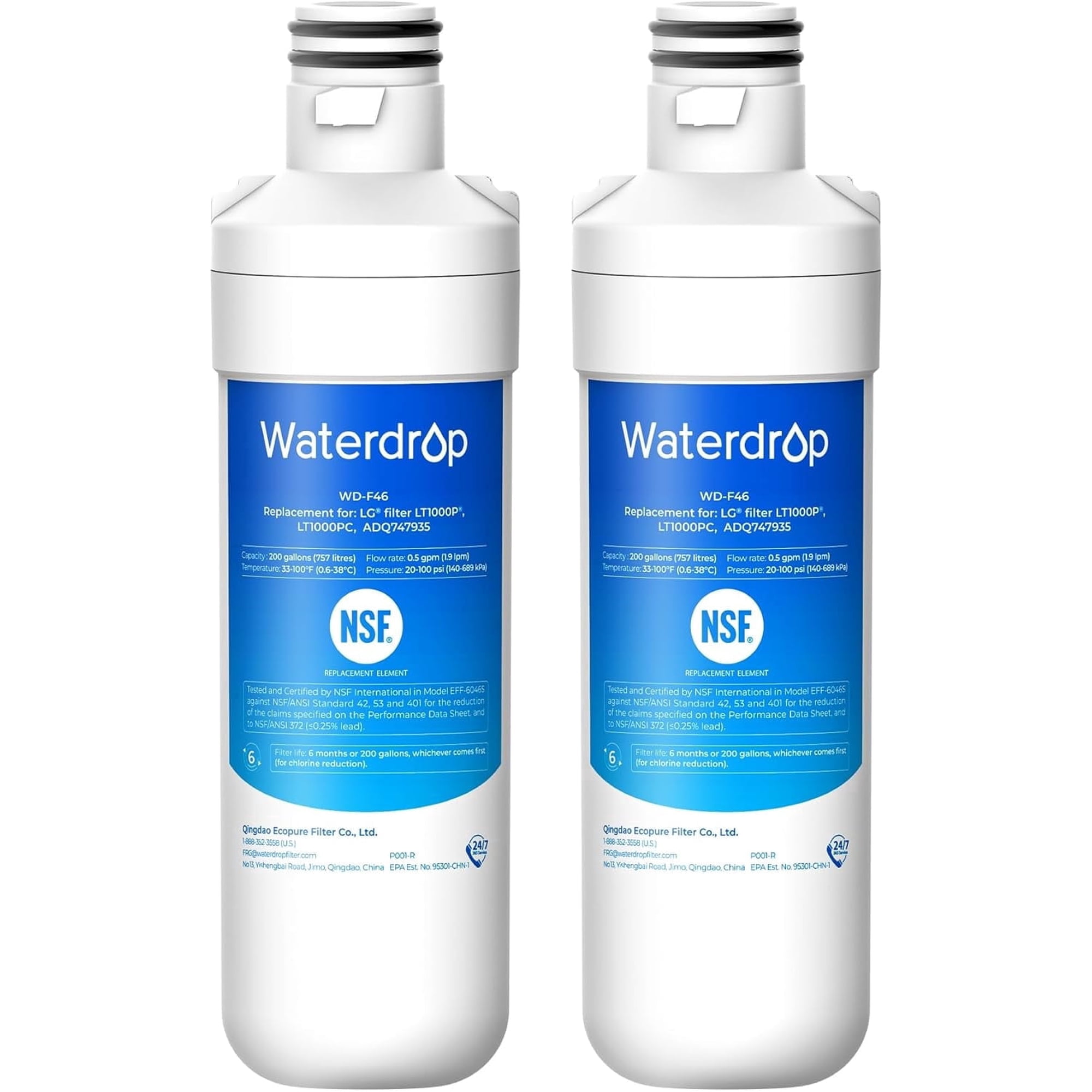 Waterdrop LT1000PC ADQ747935 MDJ64844601 Refrigerator Water Filter, Reduce chlorine, bad taste and odor, Replacement for LG® LT1000P®, ADQ74793501, ADQ74793502, Kenmore 46-9980, Pack of 2