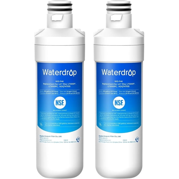 Waterdrop LT1000PC ADQ747935 MDJ64844601 Refrigerator Water Filter, Reduce chlorine, bad taste and odor, Replacement for LG® LT1000P®, ADQ74793501, ADQ74793502, Kenmore 46-9980, Pack of 2