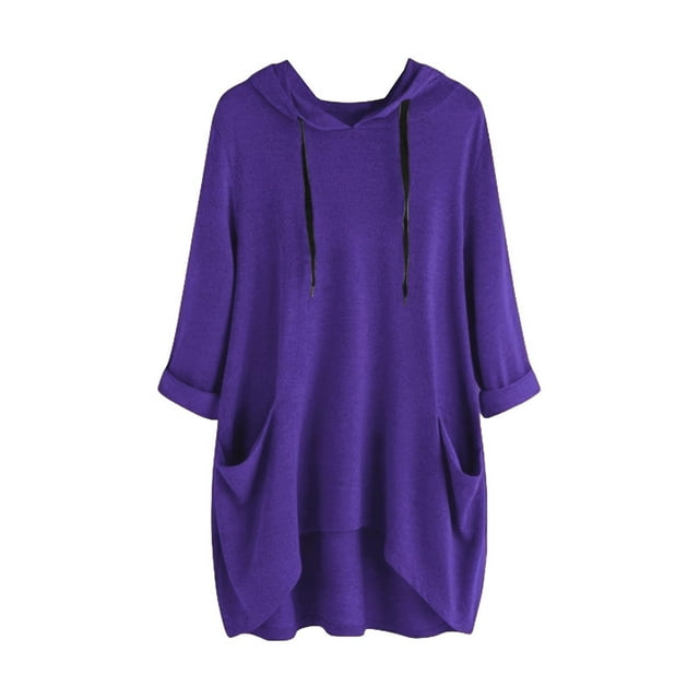 hotojiny Plus Size Spring Clothes for Women Soft High-Low Long Sleeve Rolled Sweatshirt Oversized Lightweight Hooded Drawstring Pullover