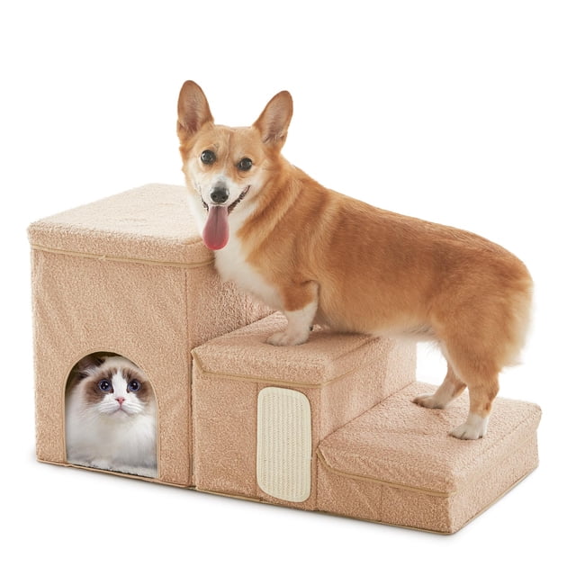 Escalones para Perro Flashing Fire de 3 Peldaños con Almacenamiento y Condo Beige