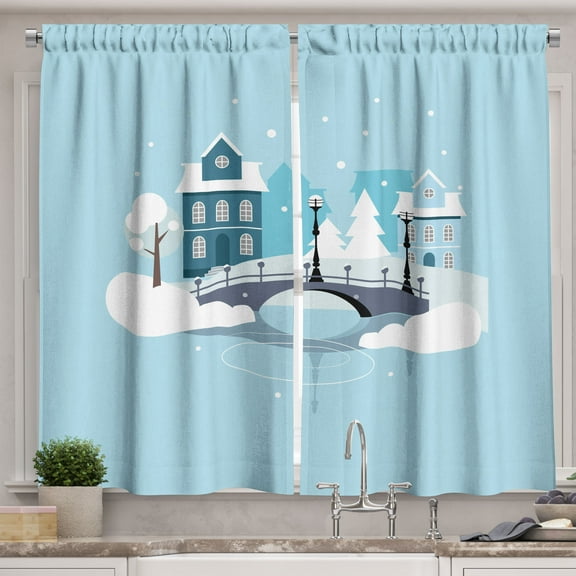 Ambesonne City Kitchen Curtains, Winter Season Composition, 55"x39", Pale Blue Grey White